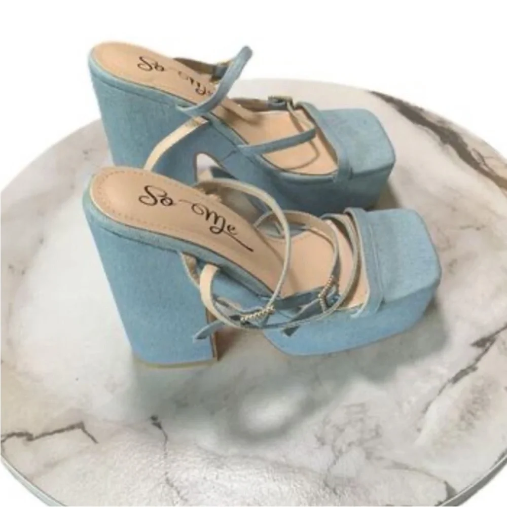 So Me Vintage Blue Denim Rhinestone Ankle Strappy Platform Heels